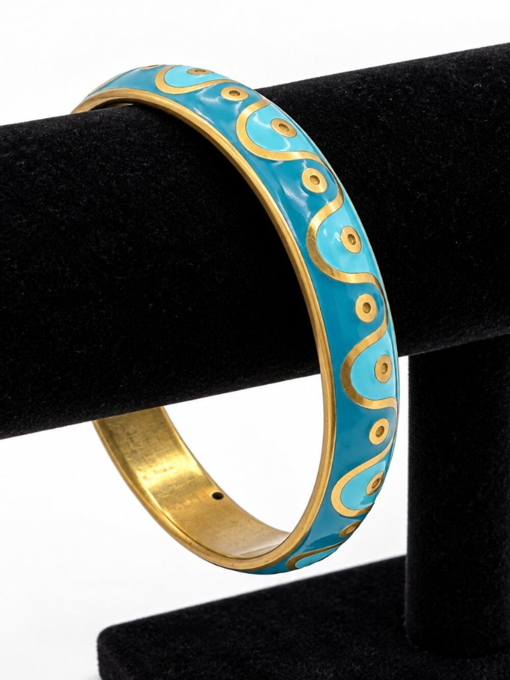 Turquoise Blue & Gold Enamel Bangle Bracelet Swirl Design